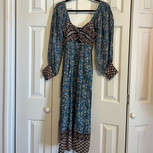 Angie Teal Floral Long Sleeve Maxi Dress with Patterned Bodice